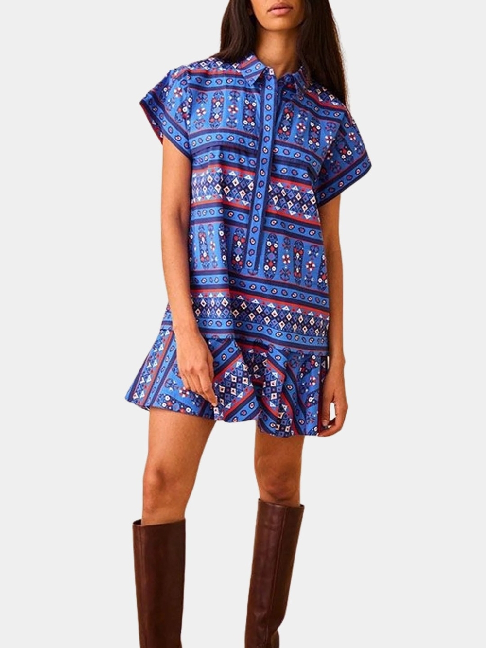 HUNTER BELL Blue Patterned Short-Sleeve Mini Dress
